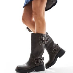 Bershka buckle detail calf length boots in brown